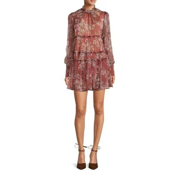 NWT En Saison Anthropologie Nella Floral Long Sleeve Tiered Chiffon Mini Dress M - Picture 1 of 14